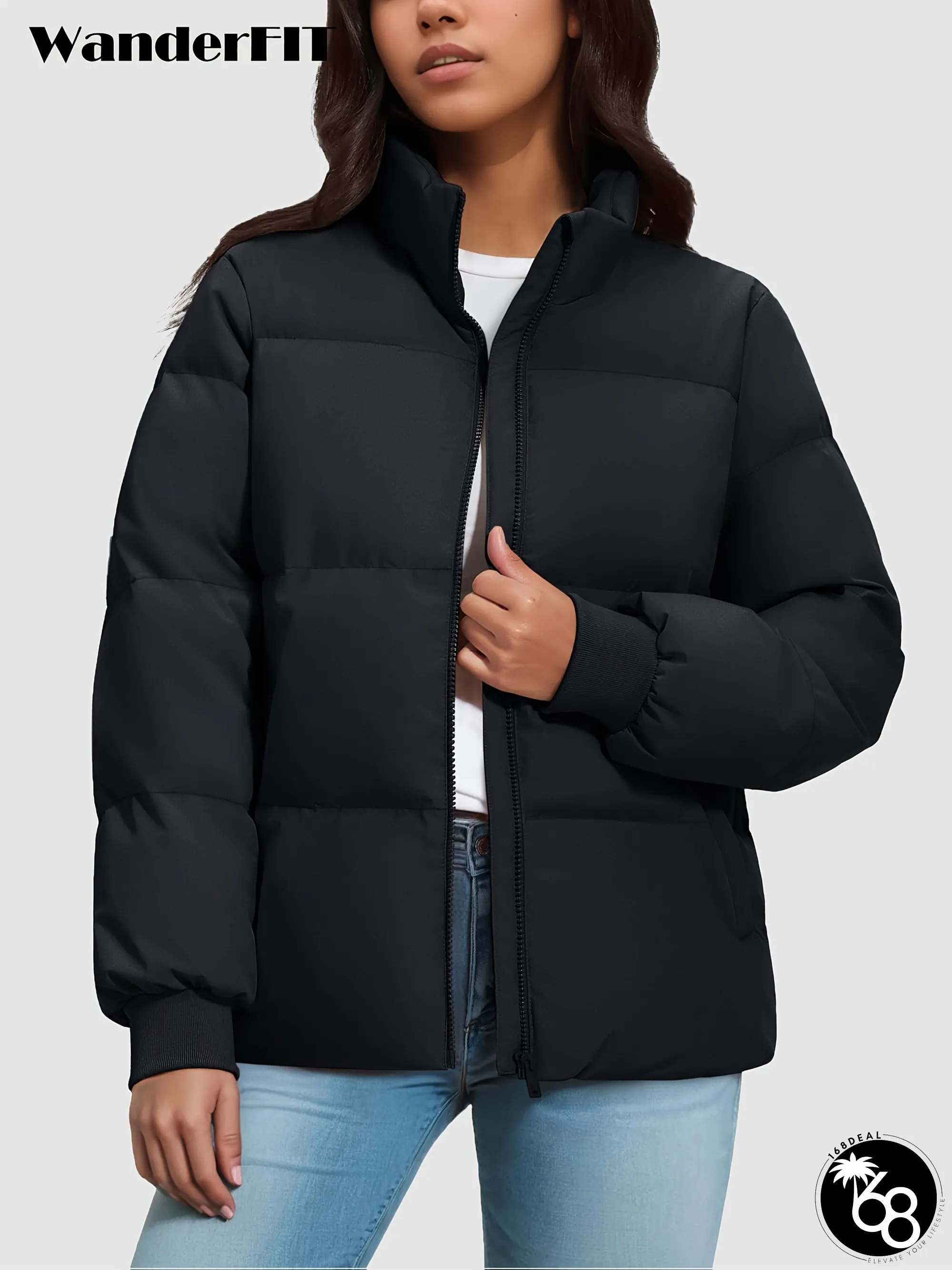 Womens Duck Down Puffer Jacket Stand Collar Full Zip Warm Padded Jackets Quilted Coat | 168DEAL