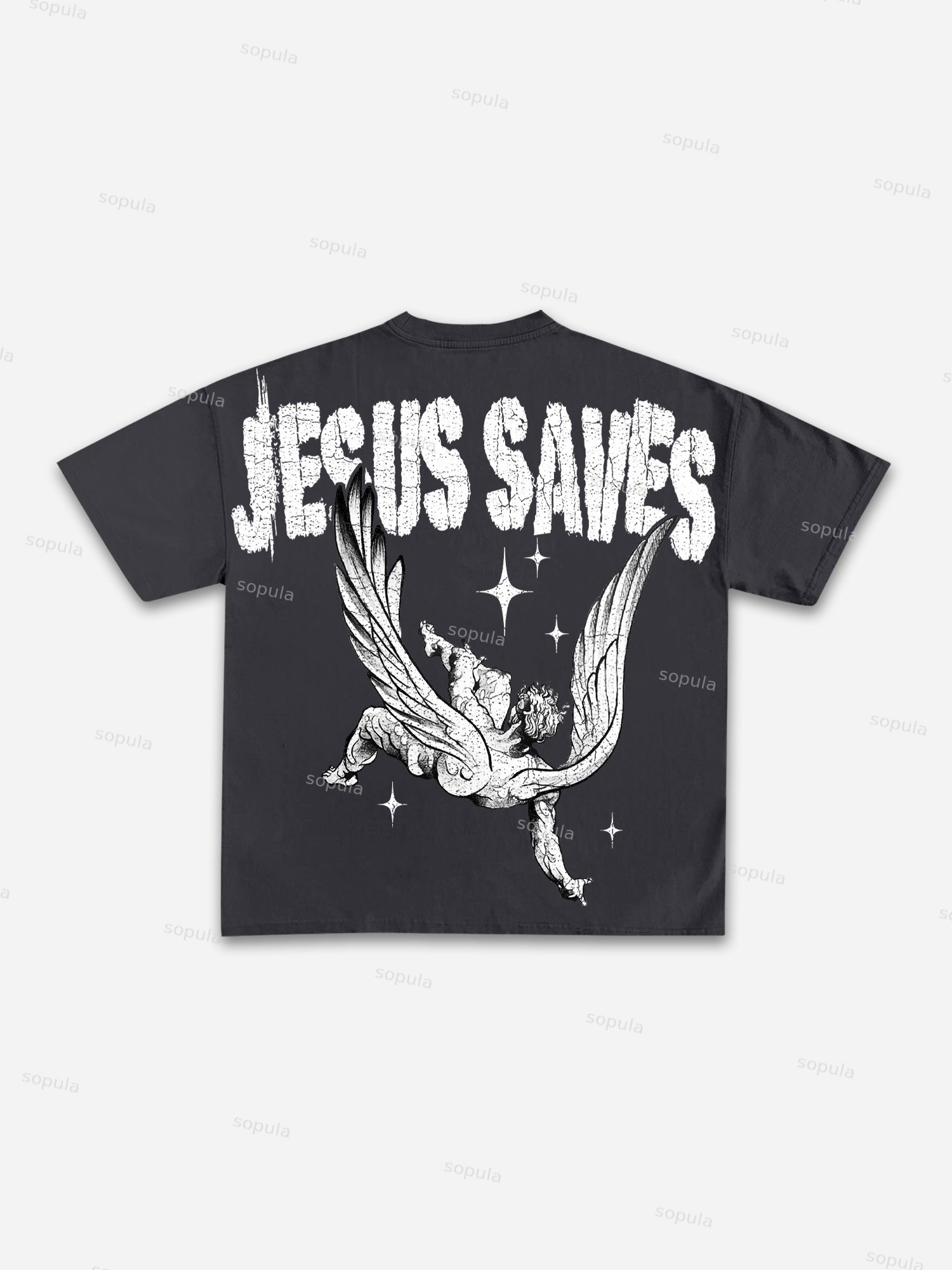 Jesus Saves Angels Print Cotton T-shirt