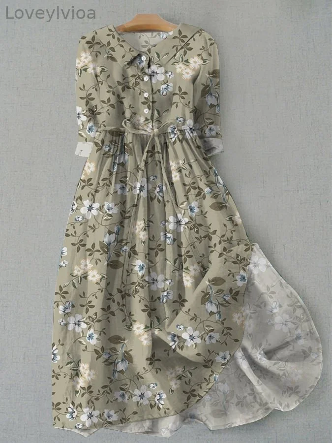 Women's Vintage Floral Design Printed Lace-Up Dress