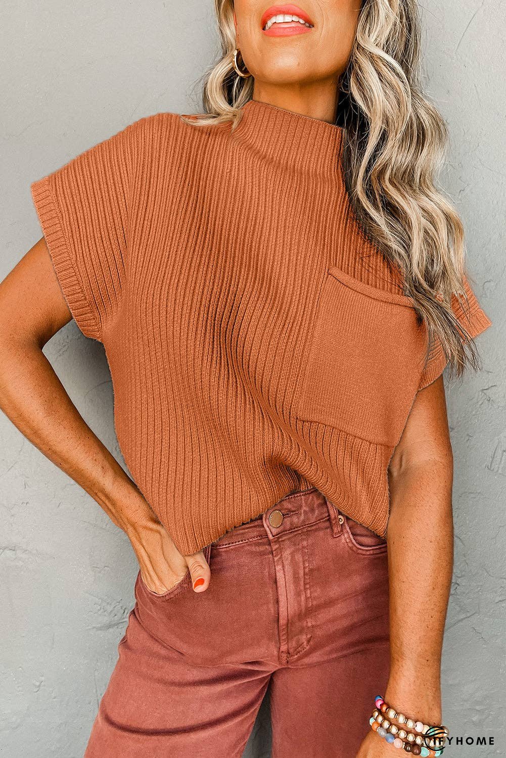 Oatmeal Patch Pocket Ribbed Knit Short Sleeve Sweater | IFYHOME