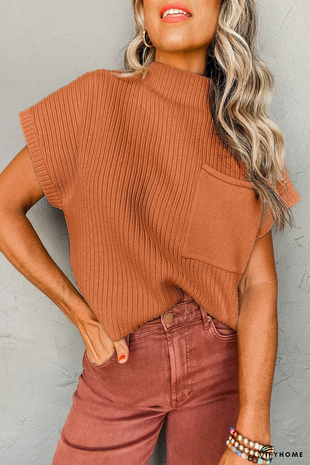 Oatmeal Patch Pocket Ribbed Knit Short Sleeve Sweater | IFYHOME
