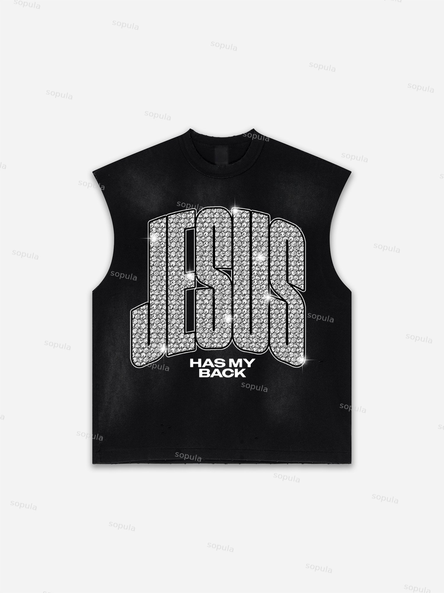 Jesus Has My Back Faux Rhinestone Slogan Graphic Distressed Tank Top