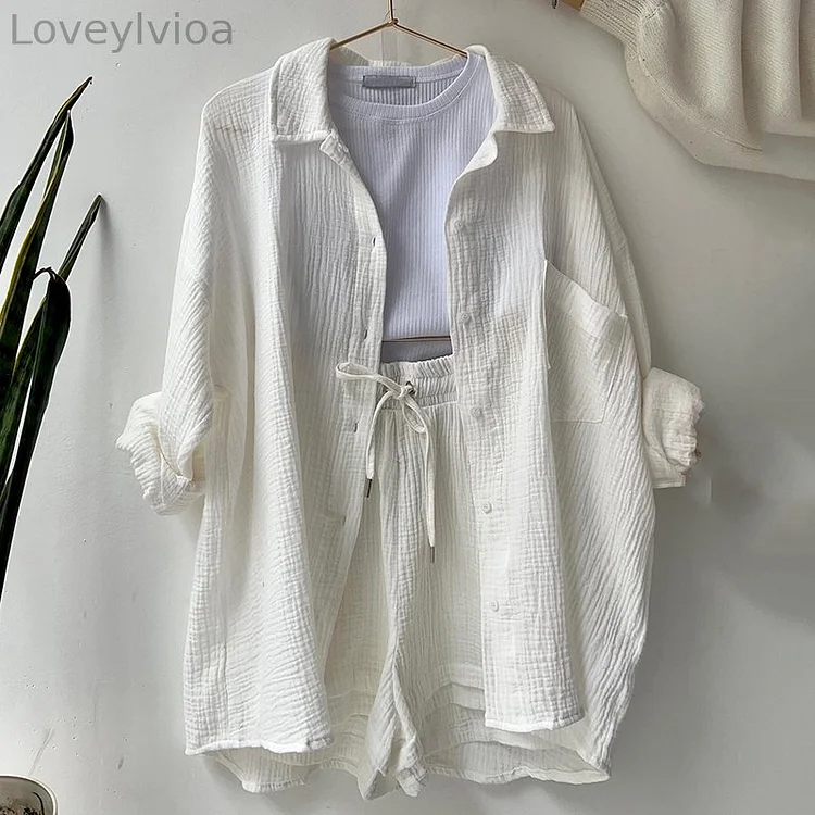 Casual Slub Cotton Long-Sleeved Shirt And Shorts Two-Piece Set
