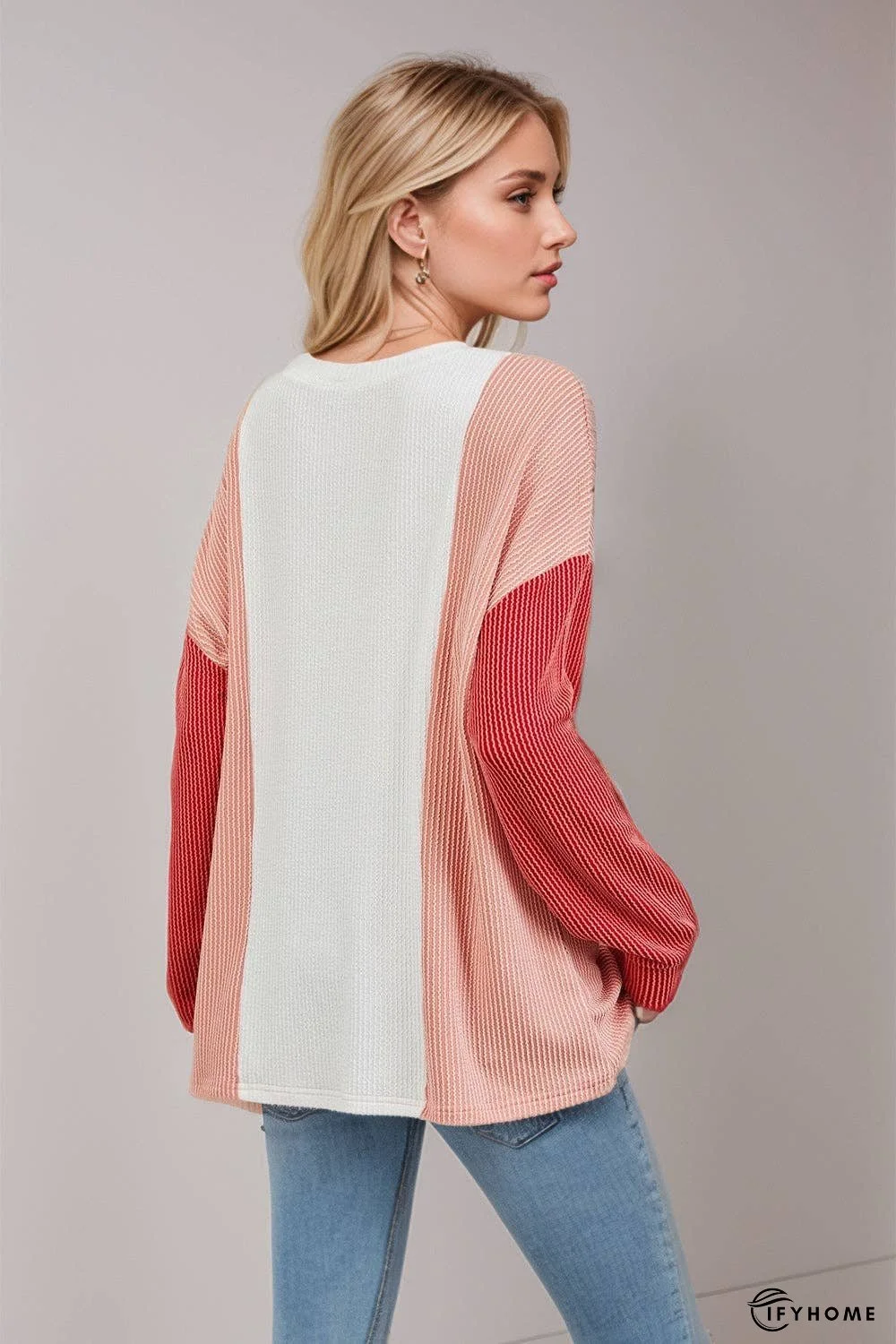 Double Take Texture Contrast Round Neck Long Sleeve T-Shirt | IFYHOME