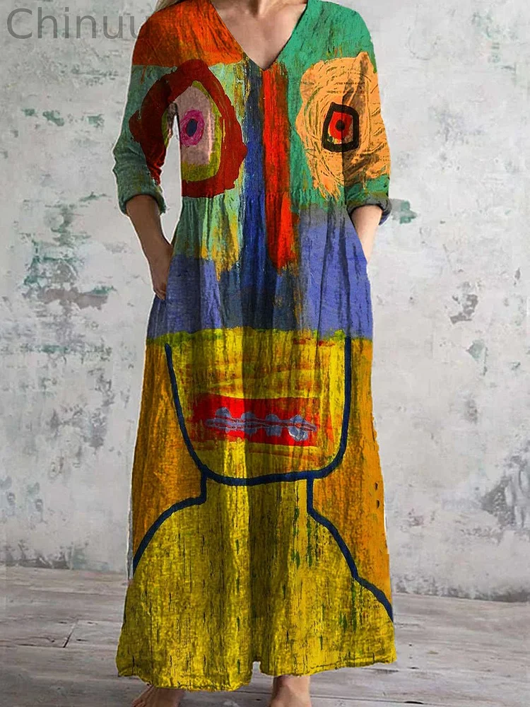 Retro Art Print Chic V-Neck Three-Quarter Sleeve Elegant Midi Dress