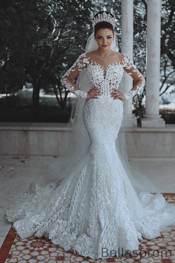 Bellasprom Modern White Mermaid Long Sleeves Wedding Dress Lace Bellasprom