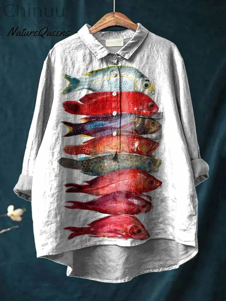 Vintage Lovely Fish Art Print Casual Cotton And Linen Shirt