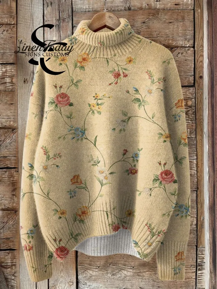 Vintage Lovely Floral Art Print Knit Turtleneck Pullover Sweater