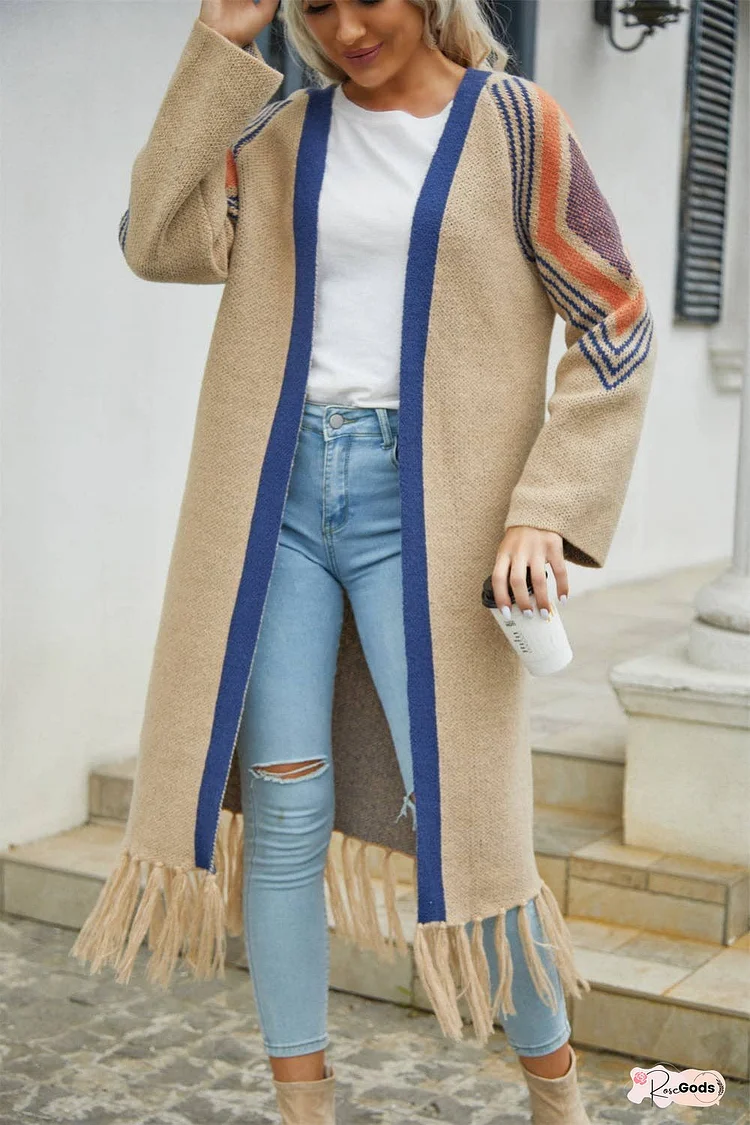 Double Take Geometric Fringe Hem Open Front Duster Cardigan