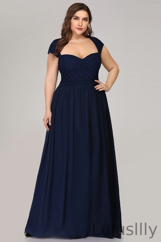 Glamorous Cap Sleeve Navy Evening Gowns Long Chiffon Lace Plus Size Prom Dress - lulusllly