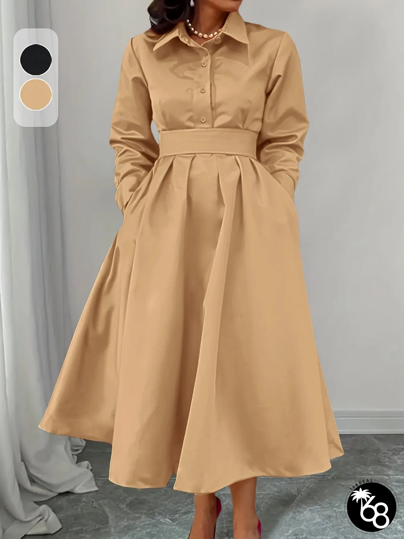 Womens Elegant Long Sleeve Button-Up Dress Beige Loose Fit With Flared Hem Perfect | 168DEAL