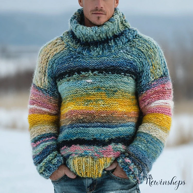 Men's Fair Isle Geometric Colored Jacquard Warm Turtleneck Sweater