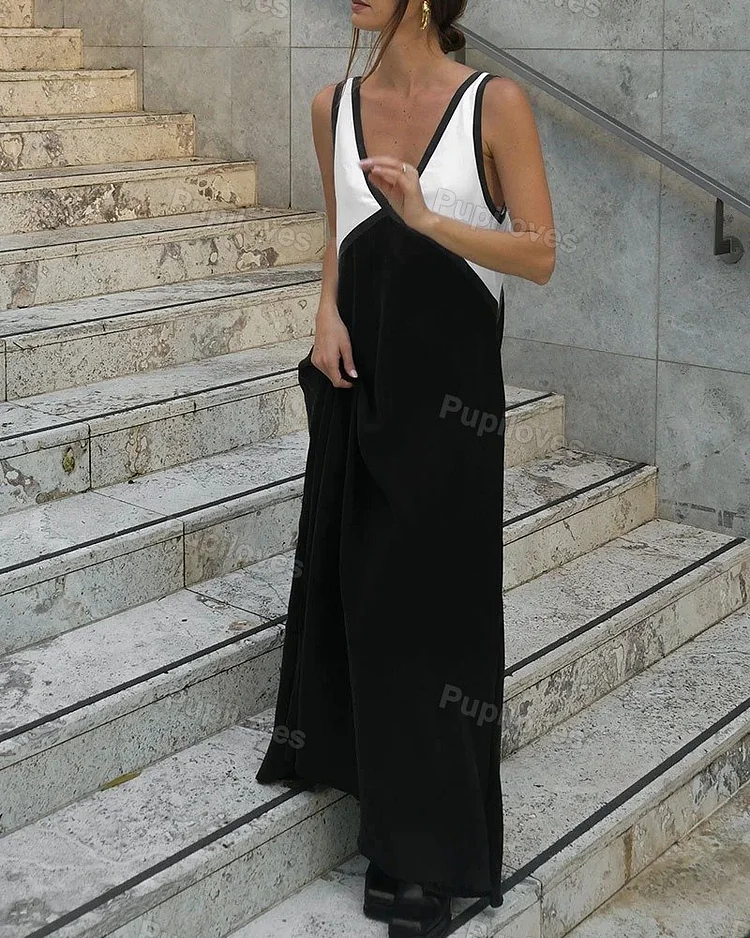 Pupiloves Pupiloves Chic V-neck Contrasting Color Dress
