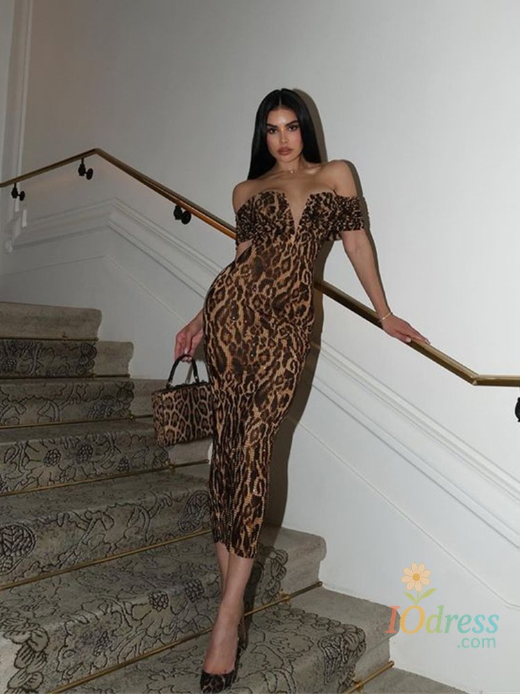 IO Dress Ahagaga Sexy Leopard Women's Party Dresses Sequins Slash Neck Sheath Bodycon Long Maxi Short Sleeves Elegant Slim Vestidos Robes IO Dress