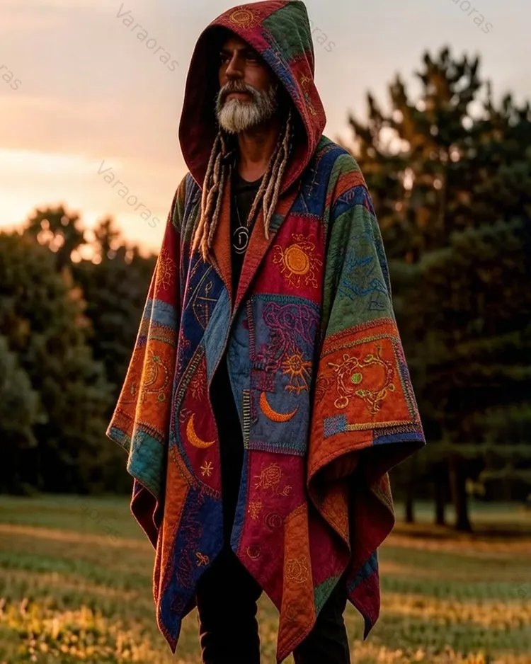 Men's Summer Fashion Hippie Style Star and Moon Embroidered Linen Cardigan Hooded Cape  5375