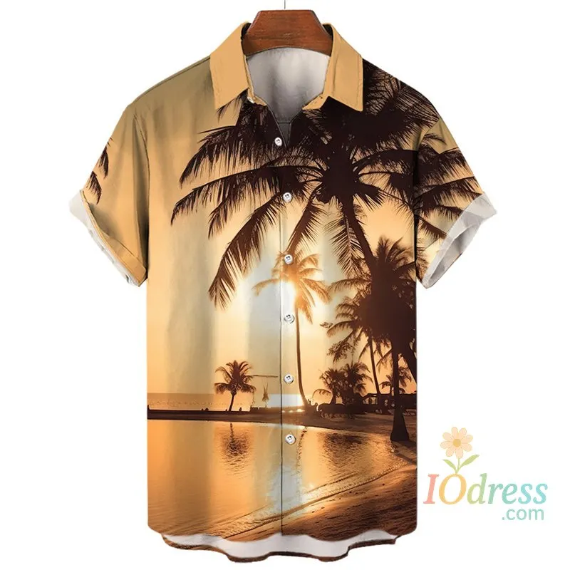 IO Menswear Tropical Palm 3d Print Hawaiian Shirt For Men Summer Beach Street Short Sleeves Tops Harajuku Holiday Lapel Button Loose Blouse