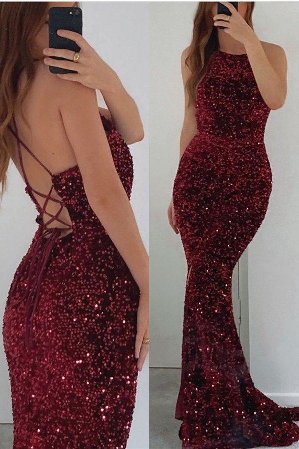 Luluslly Burgundy Mermaid Sequins Prom Dress Long Sleeveless