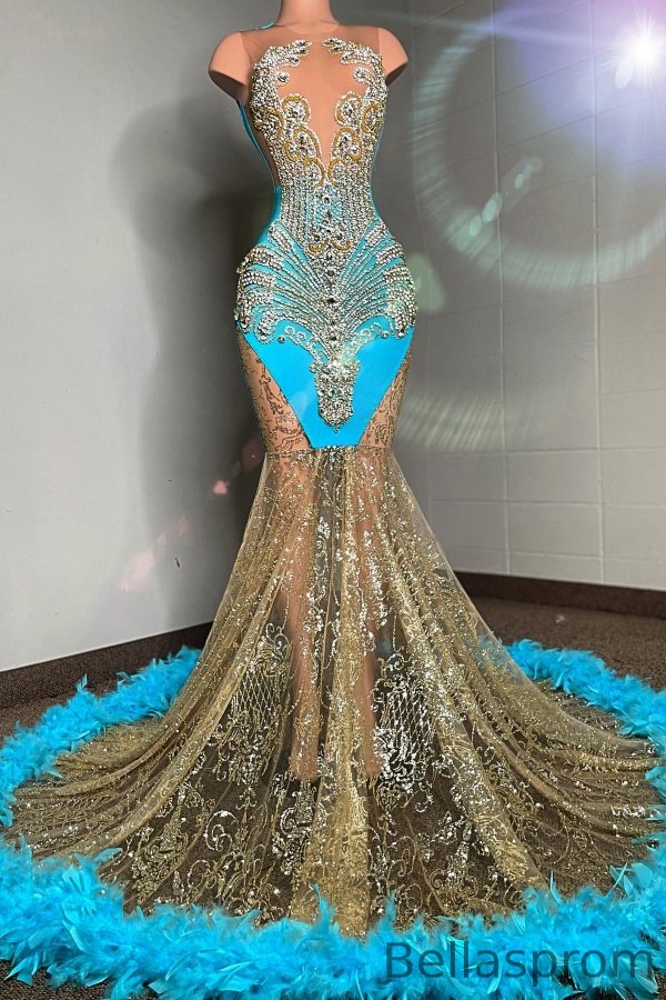 Bellasprom Ocean Blue Mermaid Prom Dress With Crystals Feather Bellasprom
