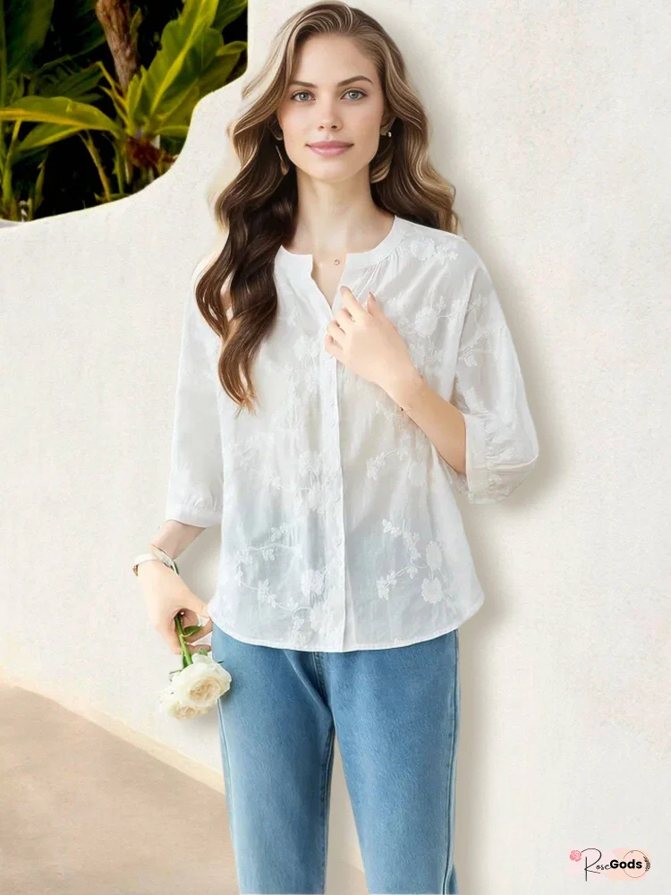 Lightweight Button-Down Blouse with Subtle Floral Embroidery
