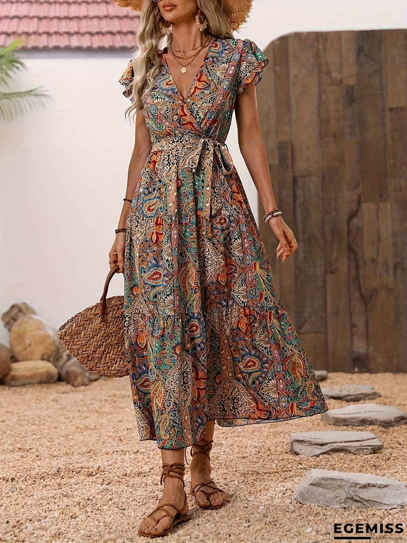Women's Elegant Bohemian Maxi Dress - V-Neck Paisley Print In Navy & Blue, Flared Bell Sleeves, Adjustable Waist Belt - Flowy A-Line Formal & Casual Dresses For Women - Spring/Fall/Summer Outfits, Vacation Attire, Comfortable Wear, Summer Outfit | EGEMISS
