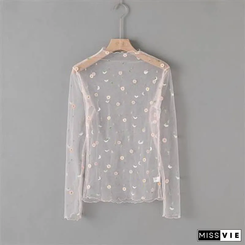 Mesh flower pattern long sleeve top