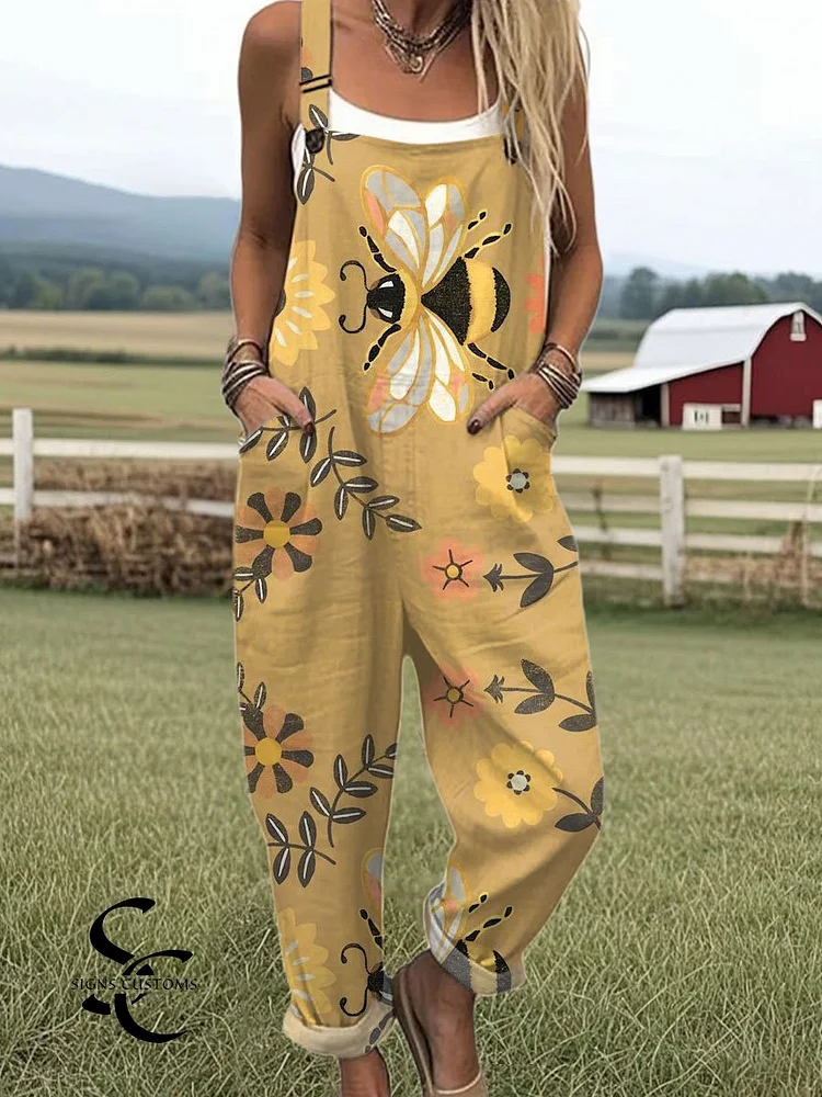 Women's  Vintage Bee Floral Art Print Casual 100% Cotton Wide Leg Jumpsuit