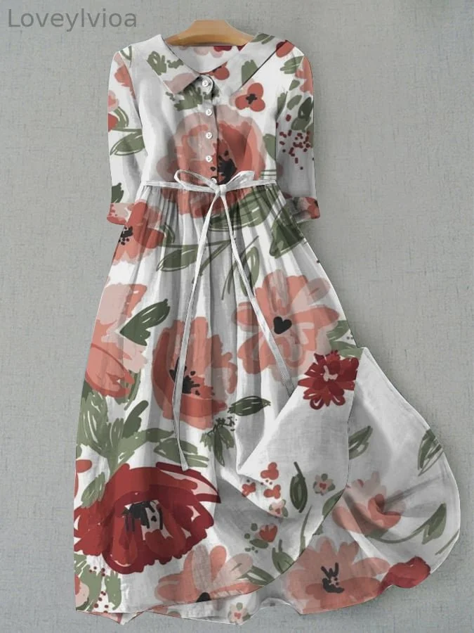 Women's Vintage Botanical Floral Design Print Lace-Up Dress