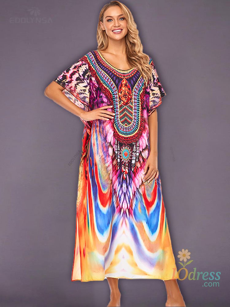 IO Dress 2025 Quick-drying Bohemian Printed Loose Summer Beach Dress Moroccan Kaftan Women Plus Size Beachwear Tassel Midi Dress Q897 IO Dress Store