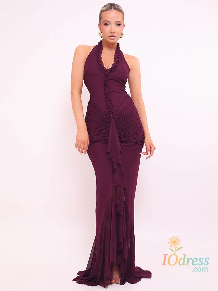 IO Dress Mozision Halter V Neck Backless Sexy Maxi Dress Women Gown Fashion Sleeveless Draped Ruched Ruffle Club Party Long Dress Elegant IO Dress