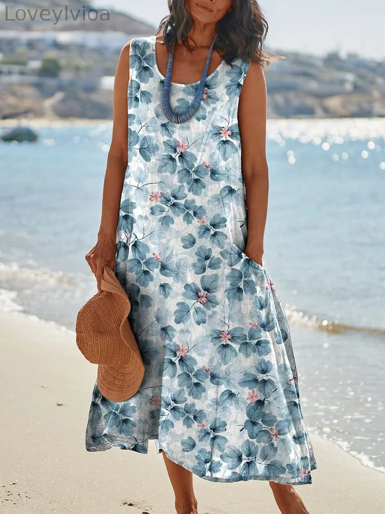 Womens Flower Art Print Pocket Pinafore Linen Dress
