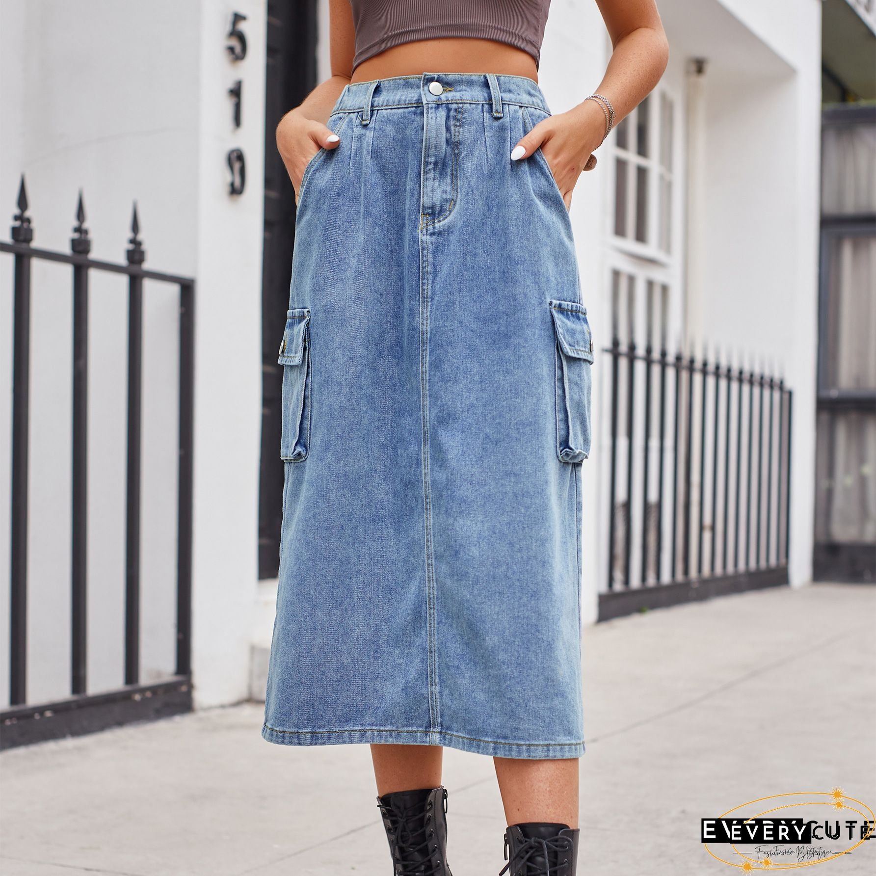 Women's Denim Skirt Button Down Front High Waist Pockets Midi Jean Skirts