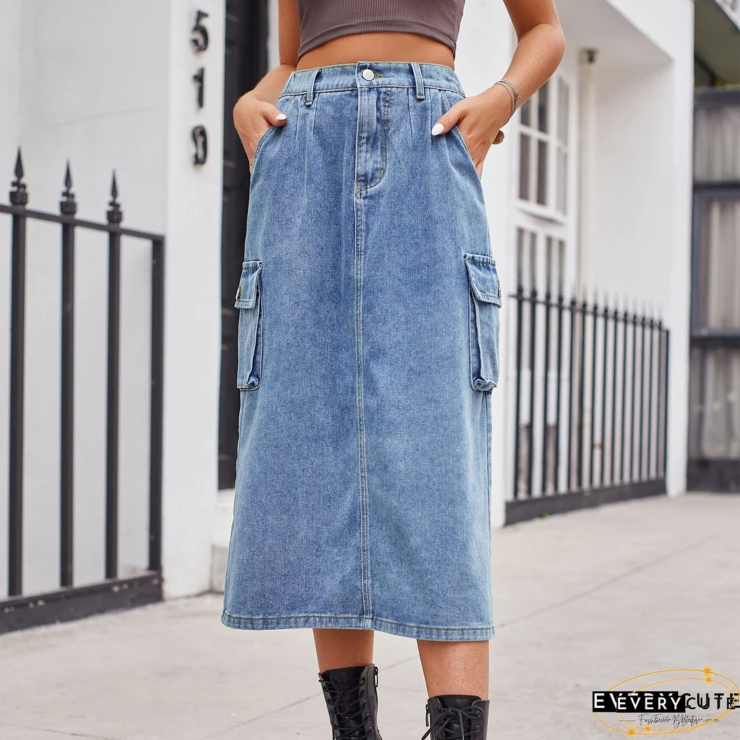 Women's Denim Skirt Button Down Front High Waist Pockets Midi Jean Skirts