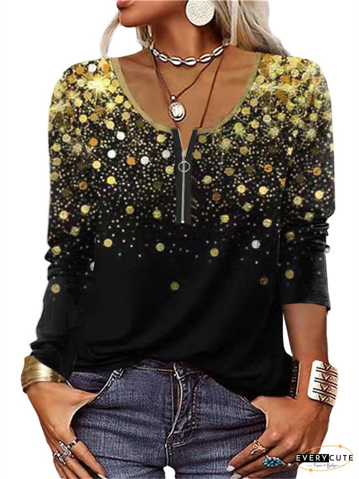 Womens Long Sleeve Zipper Ethnic Fashion T-Shirts Geometric Print Home Casual Neck
