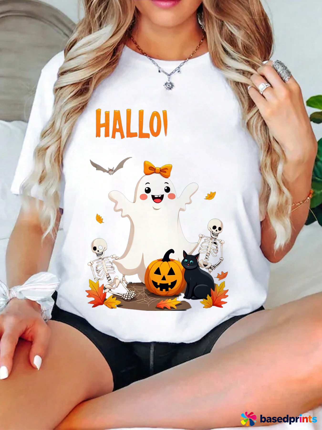 Halloween Ghost Bow T-Shirt Women Casual Short Sleeve Tops