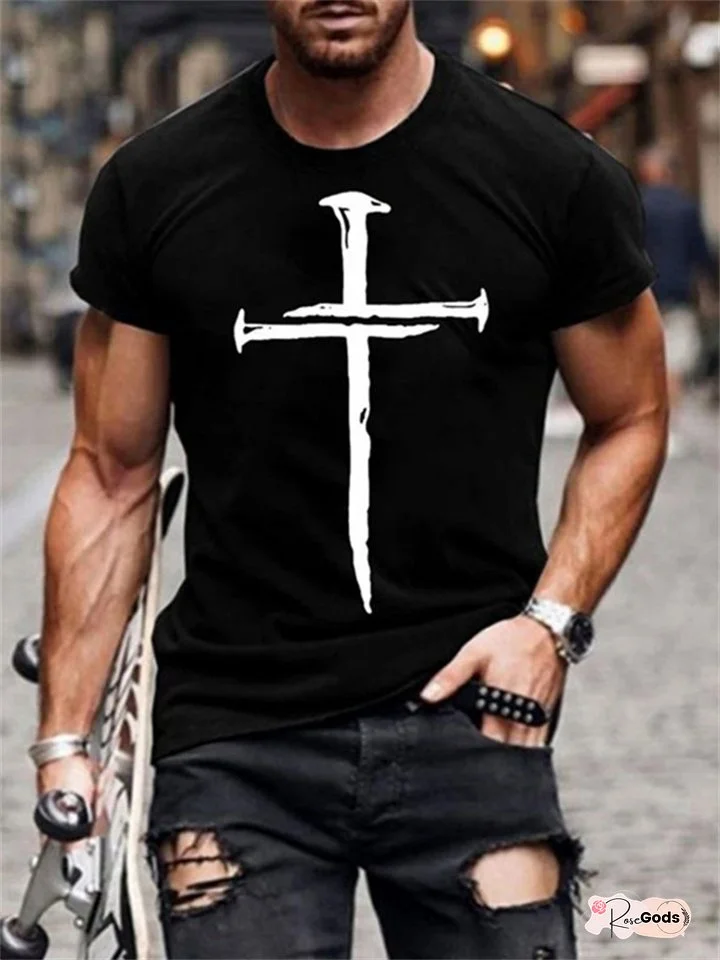 Men's Slim Cross 3D Print Round Neck Casual Sports T-shirt