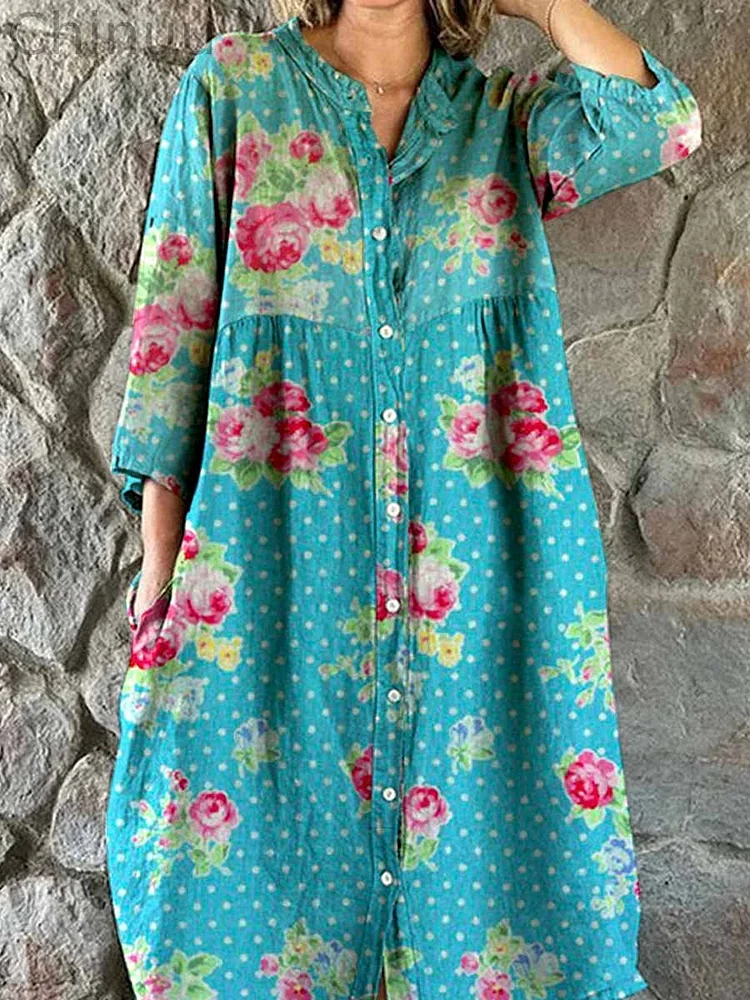 Women's Elegant Rose Polka Dot Floral Print Shirt Style Cotton and Linen Dress
