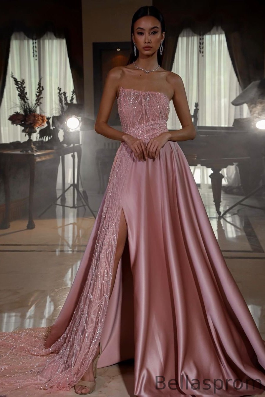 Bellasprom Pink Evening Dress Long Slit Sleevless Online Sequins Bellasprom