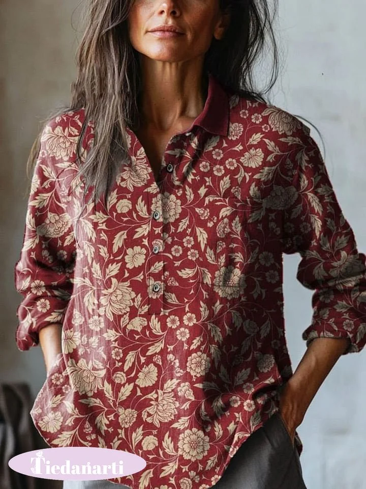 Women's Vintage Lovely Floral Art Print Casual Cotton And Linen Shirt