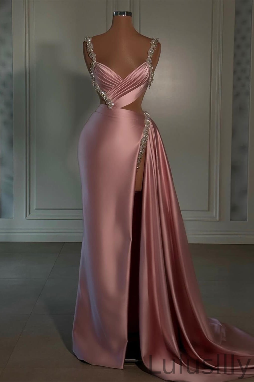 Elegant Dusty Pink V-Neck Sleeveless Evening Dresses High Slit Long With Beads - lulusllly