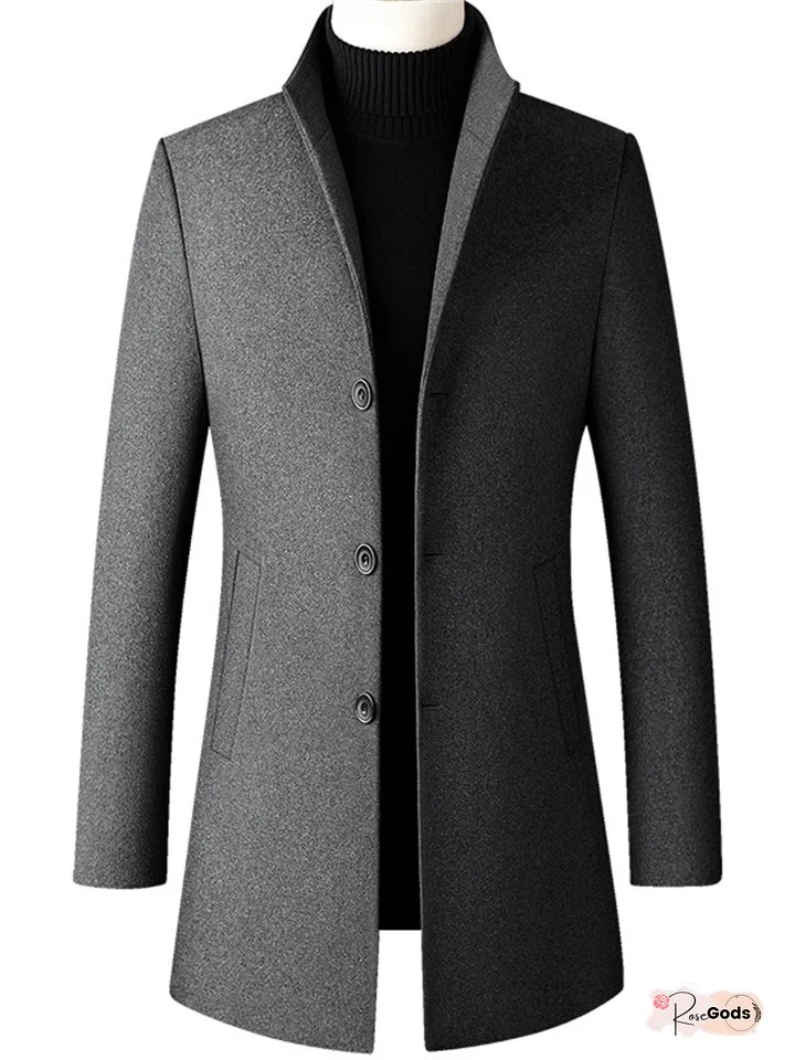 Men's Winter Coat Wool Coat Overcoat Business Daily Wear Winter Fall Wool Thermal Warm Outdoor Outerwear Clothing Apparel Fashion Warm Ups Solid Colored Pocket Standing Collar Single Breasted