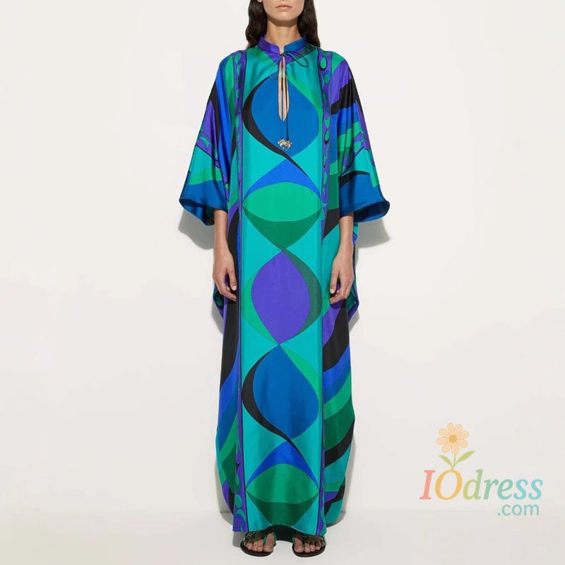 IO Dress Elegant O-Neck Geometric printed lace up Leisure loose vacation long Dress Spring Summer Muslim Women long sleeved Dress Retro