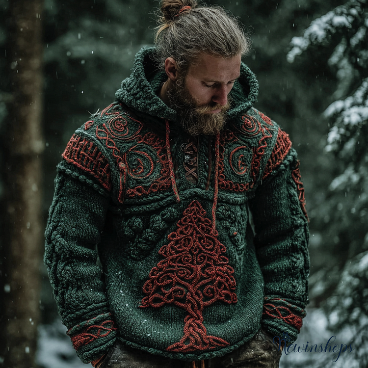 Christmas Retro Viking Men's Knit Hooded Sweater