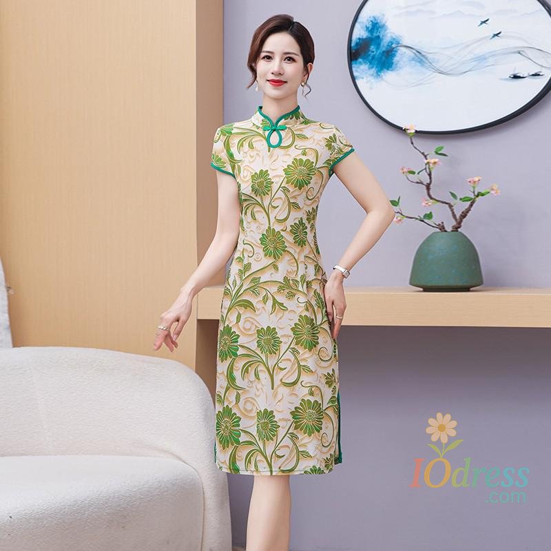 IO Dress Classic Women Qipao Elegant Flower Print Cheongsam Sexy Evening Party Dress Chinese Short Sleeve Vestidos