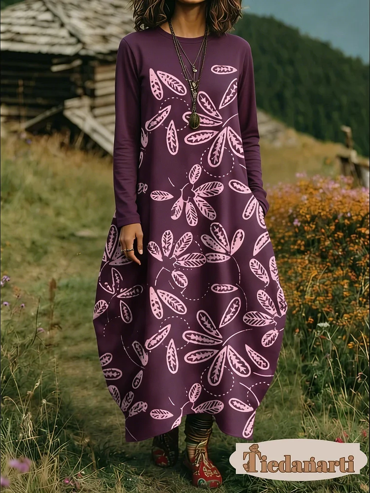 Women's Floral Print Crew Neck Long Sleeve Cotton Pocket Dress