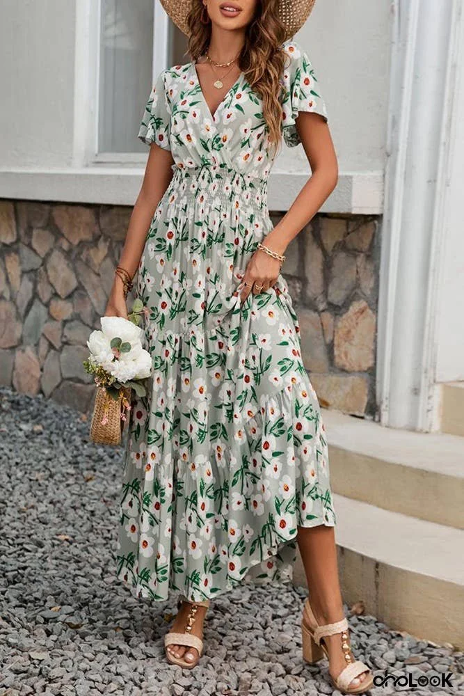 Spring Summer V Neck Short Sleeves Floral Maxi Dress ZK1272