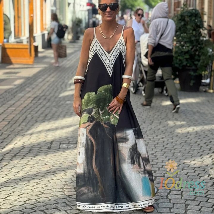 IO Dress Casual Vacation Style Print Spaghetti Strap&nbsp;long Dresses Women Sexy V-neck Backless Loose Sleeveless Dress Female Summer New