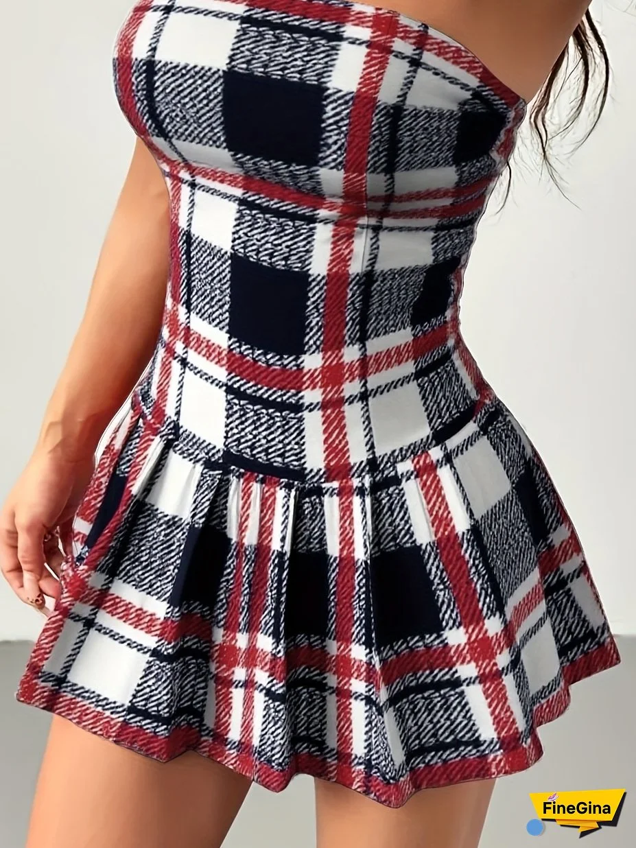 Women's Sexy Sleeveless Pleated Strapless Mini Dress - Red & Black Plaid Print, Machine Washable, All-Season Versatile Fit For Casual & Formal Occasions, Party Attire | Offshoulder Fashion | Layered Skirt