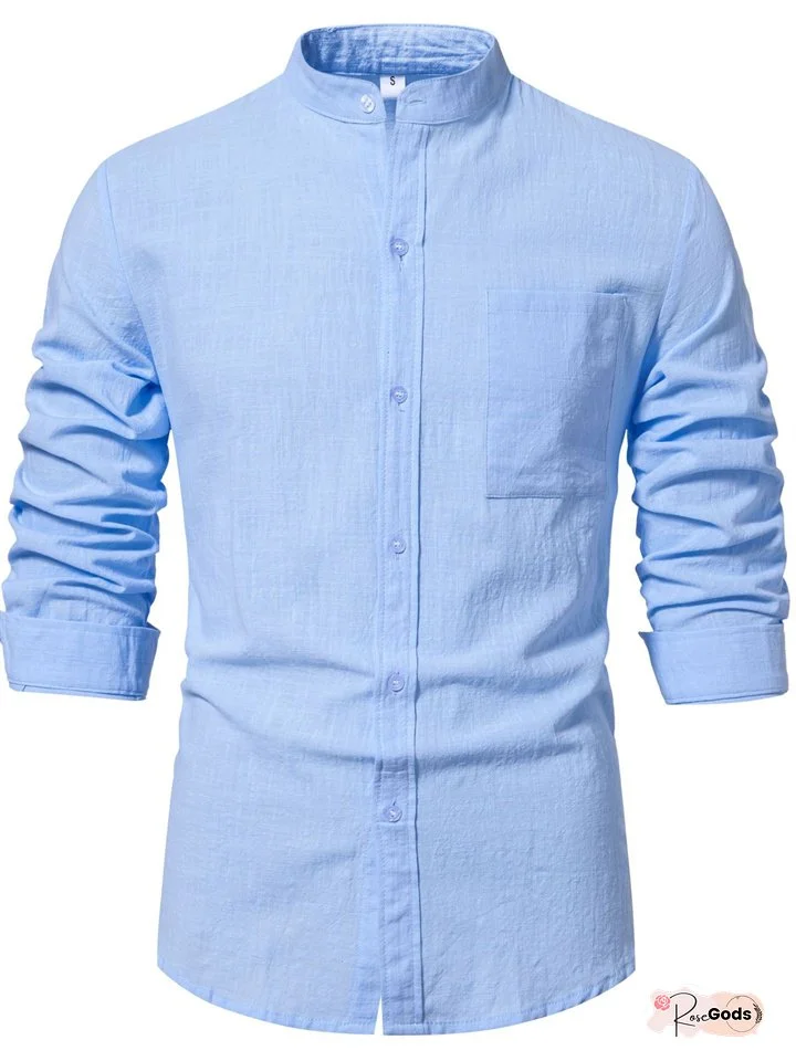 New Men's Cotton and Linen Long-sleeved Shirt Men's Long-sleeved Solid Color Shirt
