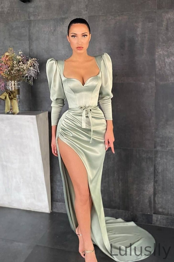 Luluslly Long Sleeves Mermaid Prom Dress Sweetheart Dusty Sage Evening Gown With Slit