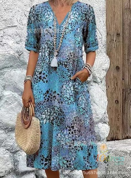 IO Dress Vintage Midi Dresses For Women 2025 Boho Style Floral Print Loose Long Dress Casual Short Sleeve V-Neck Dress Robe Femme